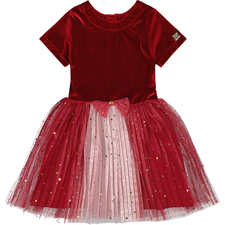 Bi-Material Short Sleeve Party Dress - Little Girl