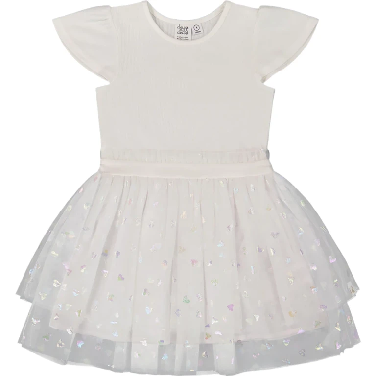 Bi-Material Dress with Glitter Hearts Skirt - Big Girl