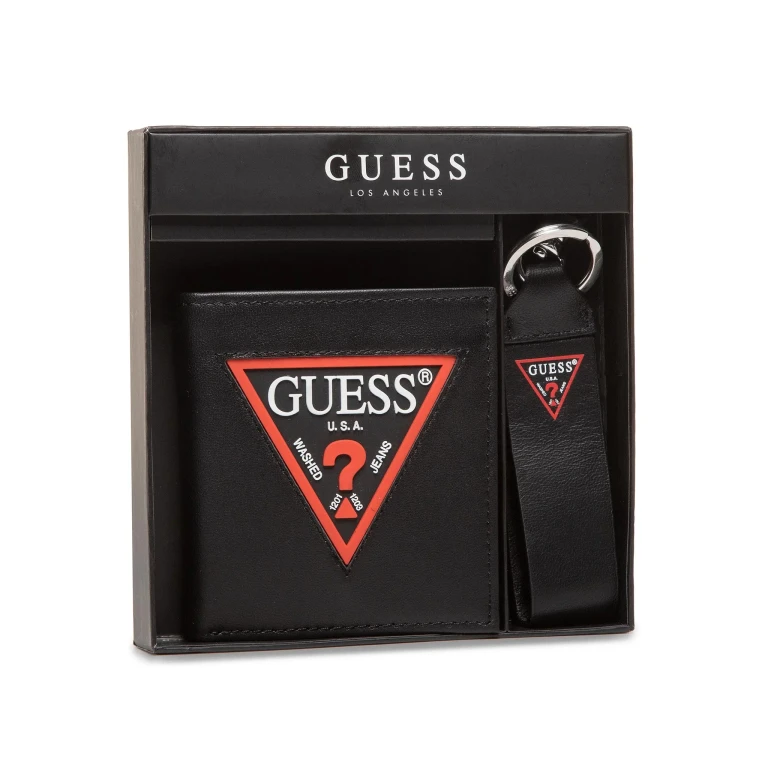 Set Guess black leather keychain and Daelon red/black men's folding wallet