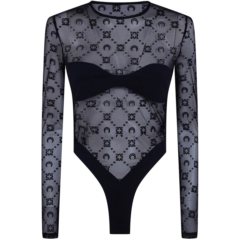 Moonogram Mesh Flock Long Sleeves Bodysuit Top