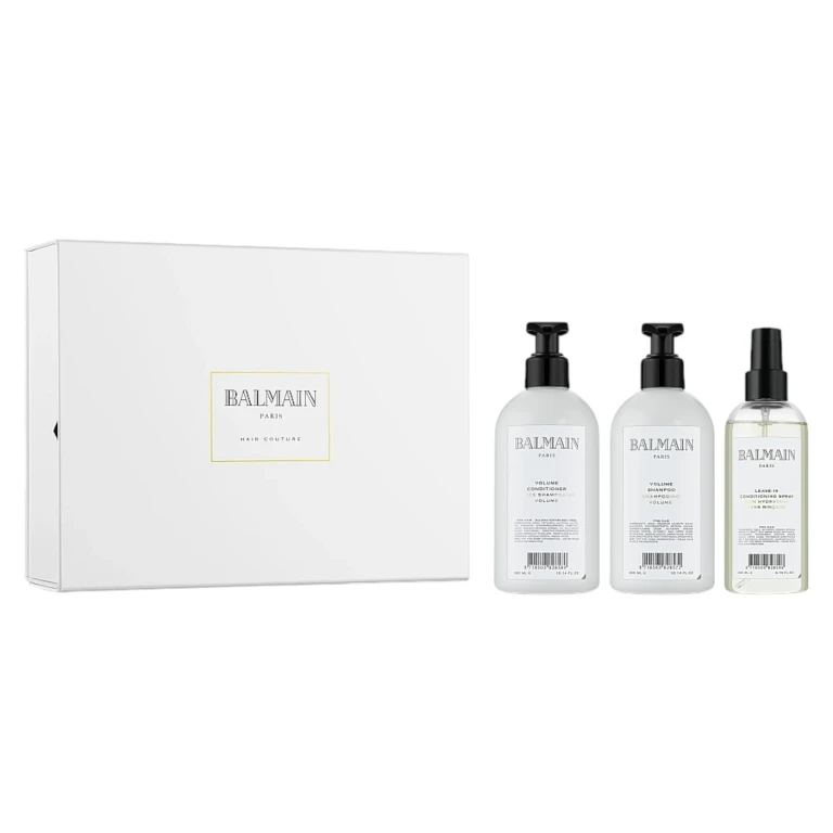 Set Balmain: Moisturizing volumizing shampoo 300 ml + Moisturizing volumizing conditioner 300 ml + Conditioning volumizing spray 200 ml + Scalp brush