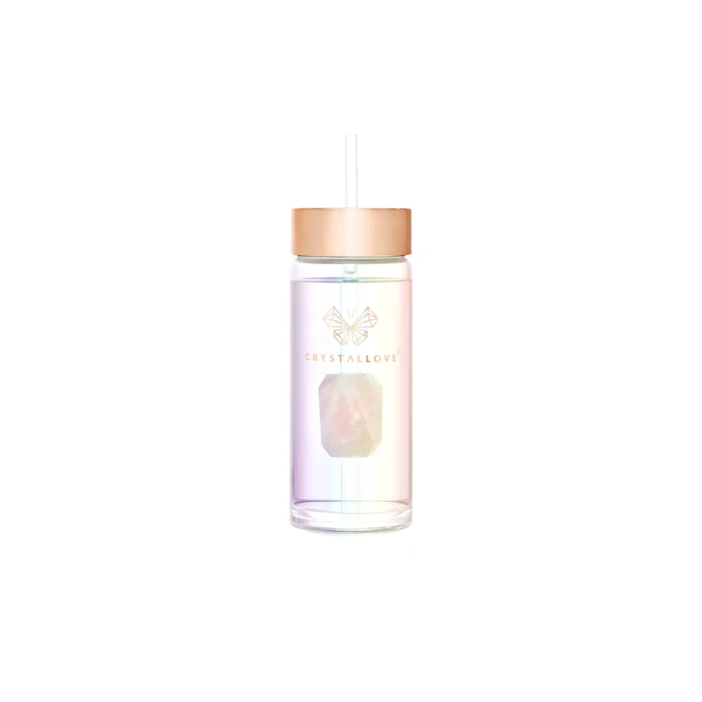 Straw Water Glass Water Bottle with Hologram Straw - Rose Quartz 400 ml