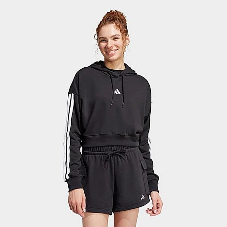 Women's Essentials 3-Stripes French Terry Cropped Hoodie in Black/White Size: Small