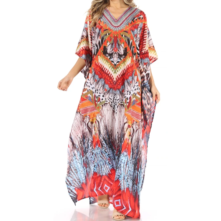 Sakkas Anahi Flowy Design V Neck Long Caftan Dress / Cover Up With Rhinestone
