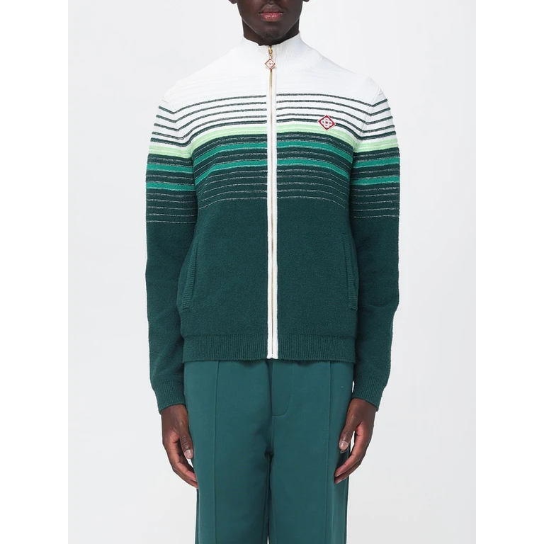 Cardigan met staande kraag en groen-witte gebogen strepen