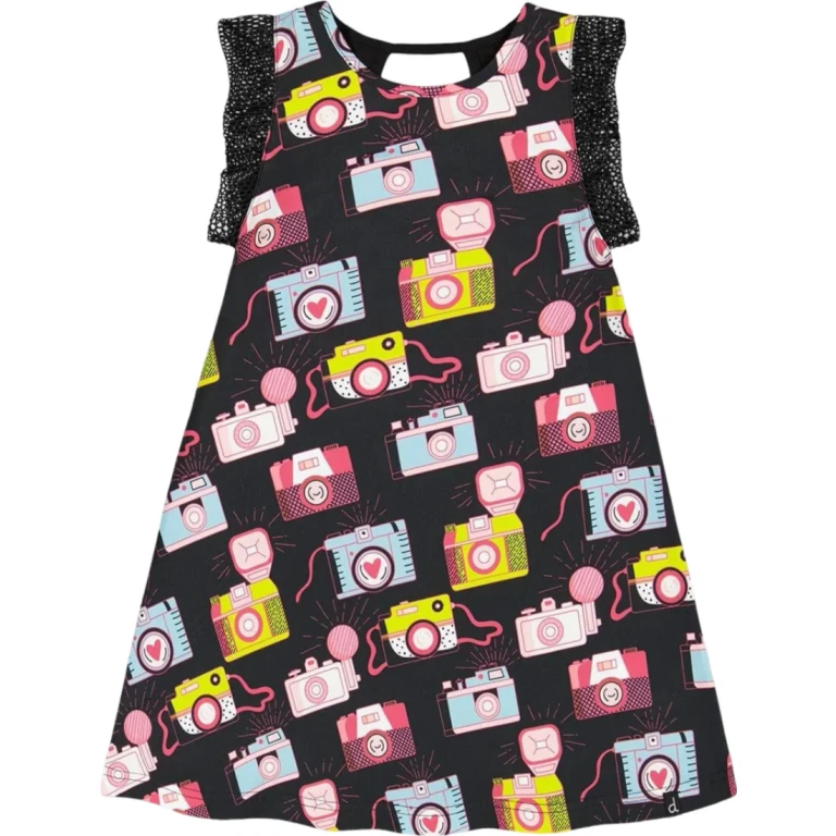 Printed Dress with Mesh Sleeves - Big Girls
