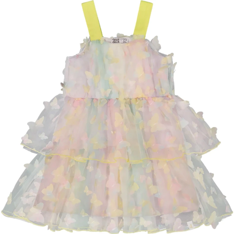 Multicolored with Butterflies Tiered Printed Mesh Dress - Big Girl