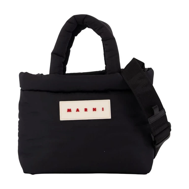 Puffy Nylon Logo-Patch Top Handle Bag â Black