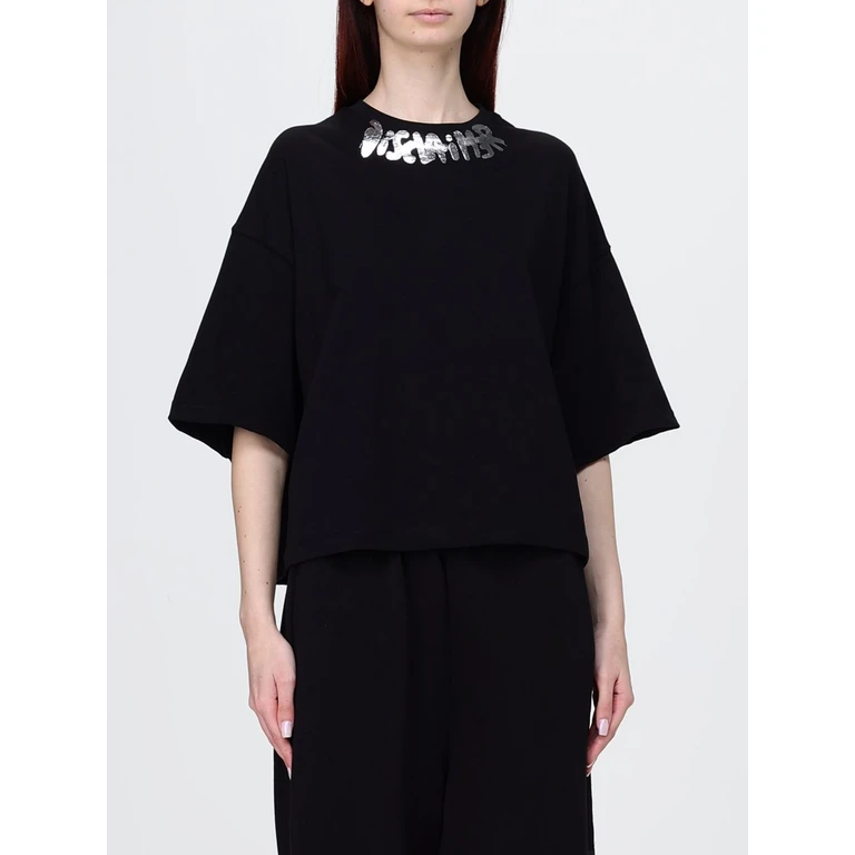 Cropped Cotton T-Shirt with Printed Logo and Crew Neck (55594NERO)