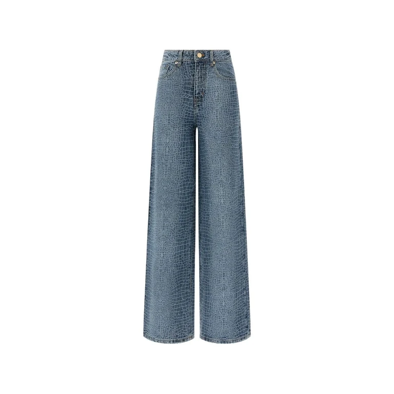 Wide Jeans Rhinestone Croc Effect Blue In Cotton For Women