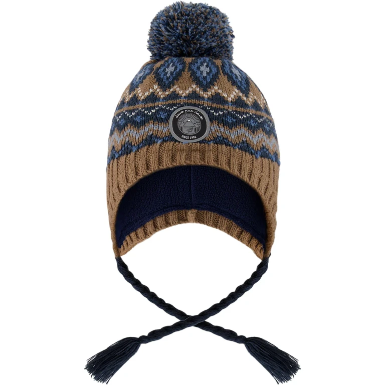 Taupe-Navy Lined Peruvian Knit Pompom Hat - Little Boy