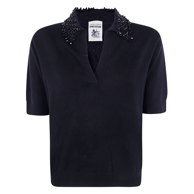 SEMICOUTURE Jewelled-Collar Knit Polo in Wool and Cashmere Blend (Y6WH70Y47)