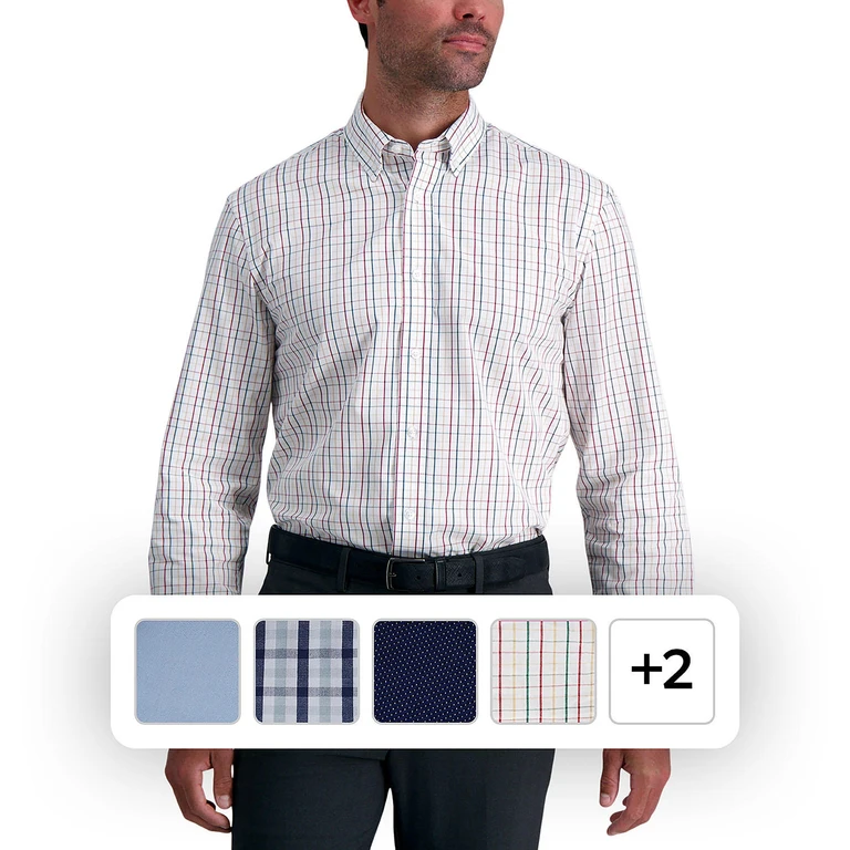 Men's Long Sleeve Button-Down Dress Shirt White Plaid S:- White Plaid, S