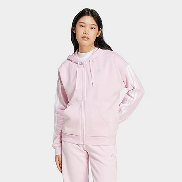 Women's Essentials 3-Stripes Fleece Full-Zip Hoodie in Clear Pink/White Size: Small