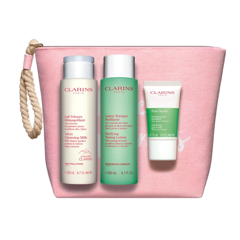 Set Clarins: Pure Exfoliating Scrub 15 ml + Anti-Pollution Cleansing Milk Velourse 200 ml + Alcohol-Free Purifying Facial Toner 200 ml