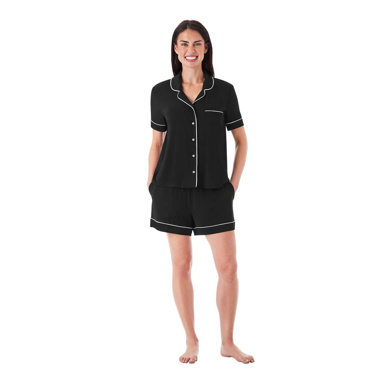 Short Sleeve And Short Notch Pajama Set Black XS:- Black, XS