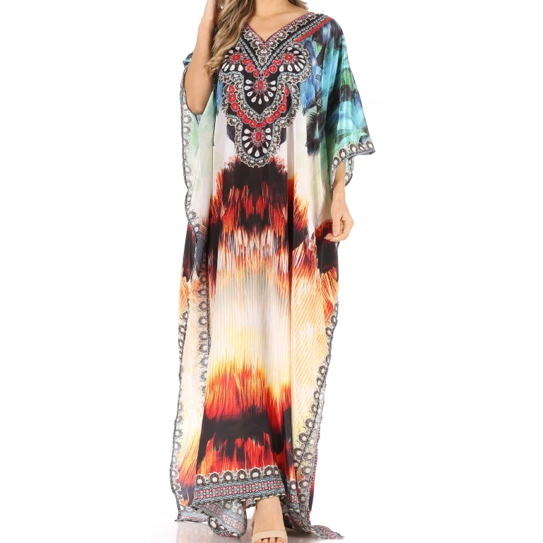 Sakkas Anahi Flowy Design V Neck Long Caftan Dress / Cover Up With Rhinestone