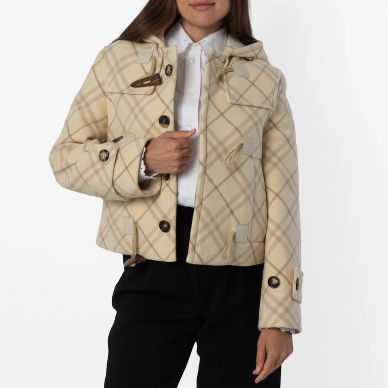 All Over Check Pattern Wool Blend Hooded Jacket