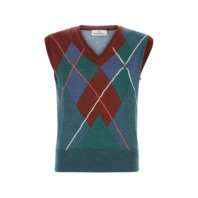 Embroidered Wool Blend Argyle Vest