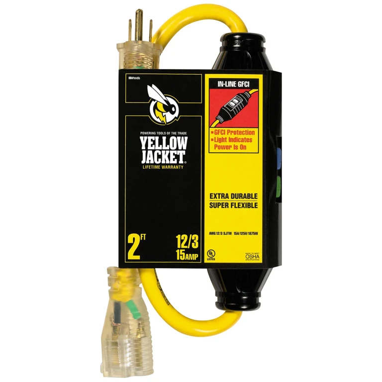 2 ft. 12/3 SJTW In-Line GFCI Heavy-Duty Cord with Power Light Plug:- 2 ft, 12 Gauge with GFC