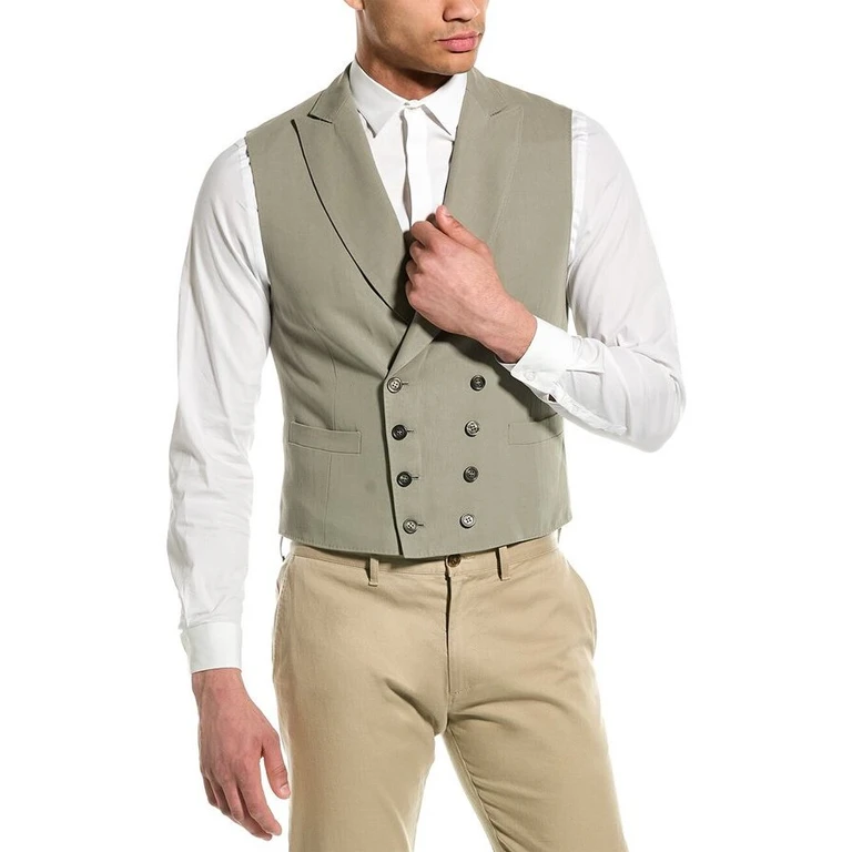 Khaki Double Breasted Linen Cotton Vest