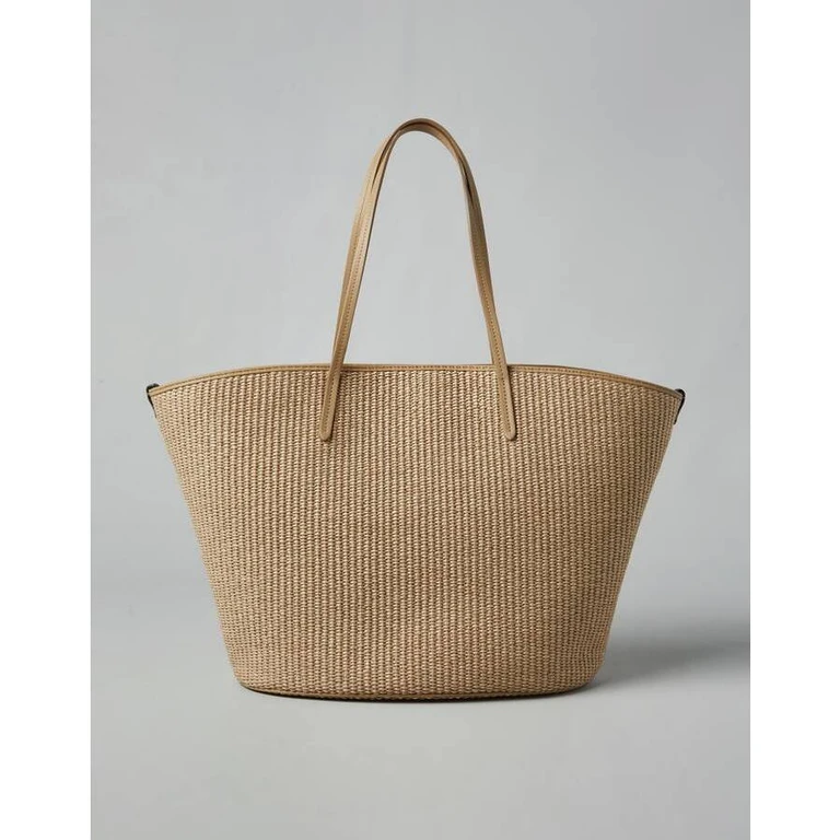 Beige Woven Leather Tote Bag