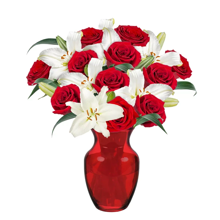 Red Roses and Lilies Bouquet + Vase