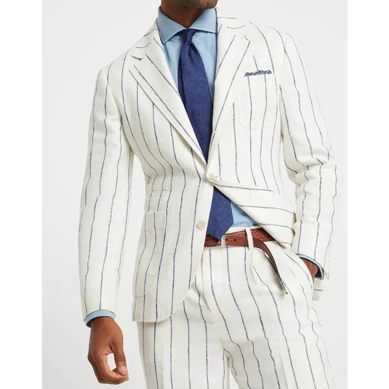 White Linen Wool Striped Blazer