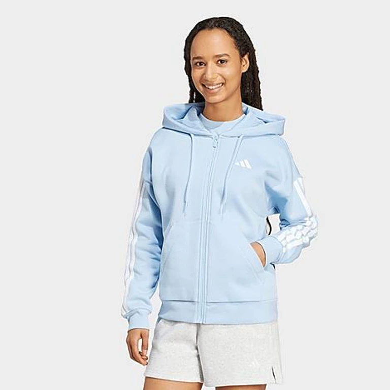 Women's Essentials 3-Stripes Fleece Full-Zip Hoodie in Glow Blue/White Size: XS