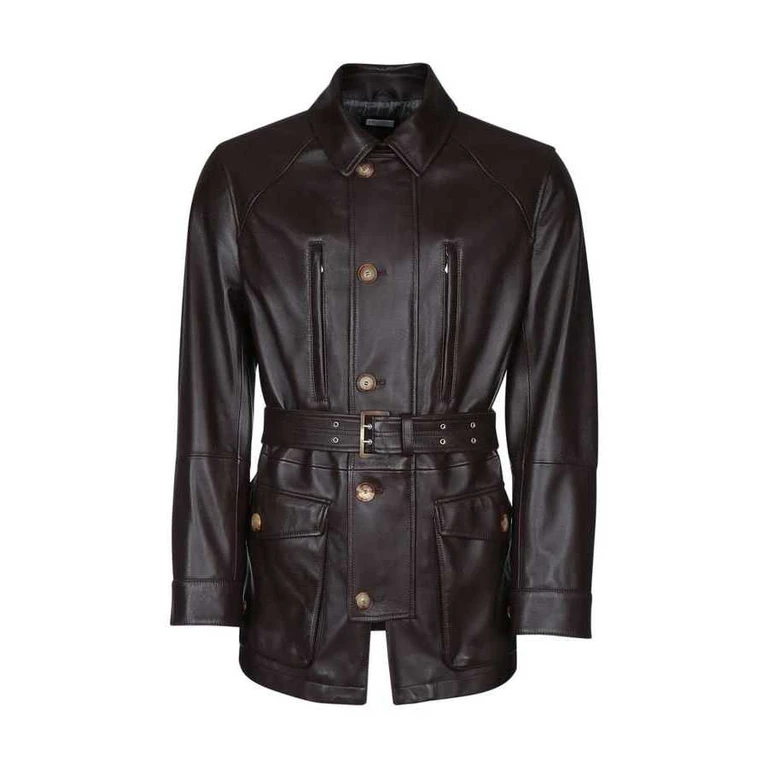 Dark Brown Leather Belted Jacket