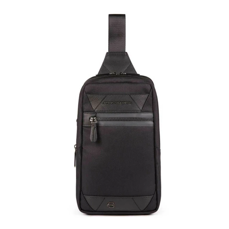 Trakai Men's Shoulder Bag in Black Leather and Fabric 31x18x7 cm