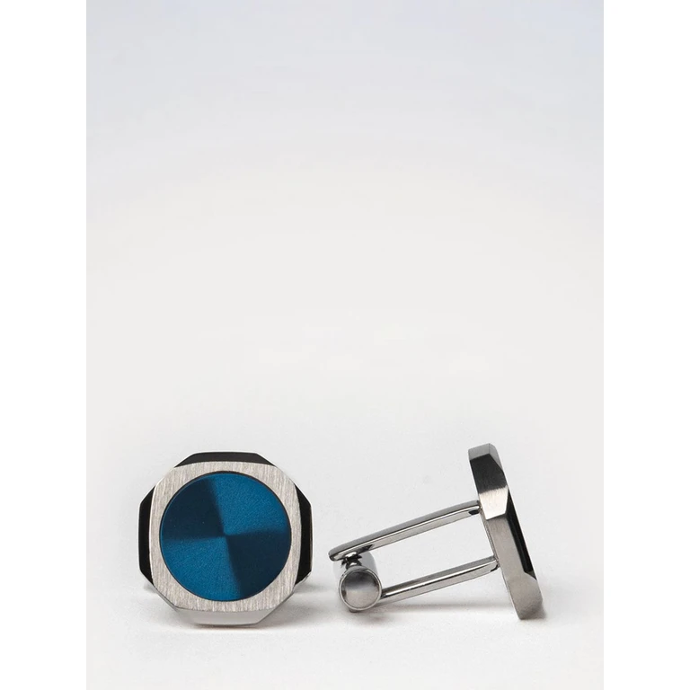 Two-Tone Steel Cufflinks with Rounded Shape and Engraved Logo (D1JWCLSU03BLUE&SILVERCUFFLINKS)