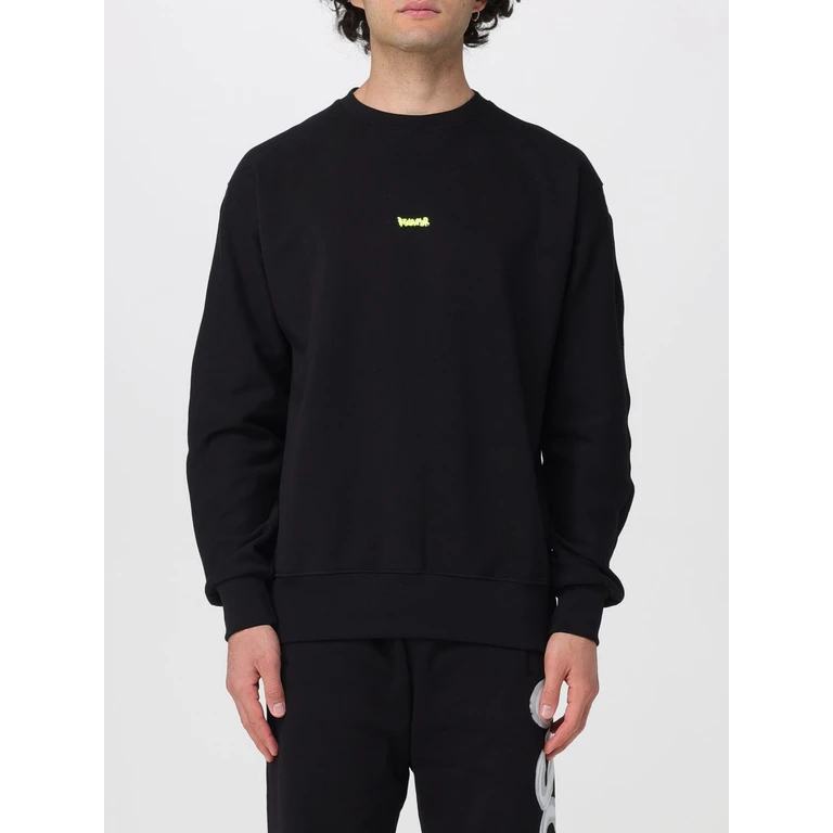 Crew Neck Cotton Jumper with Printed Logo and Dropped Shoulders (55402NERO/ST.G.FLUO)