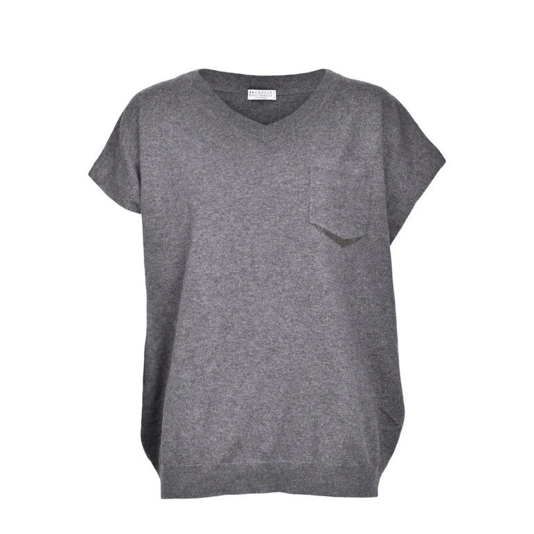 Gray Cashmere Short-Sleeve Sweater