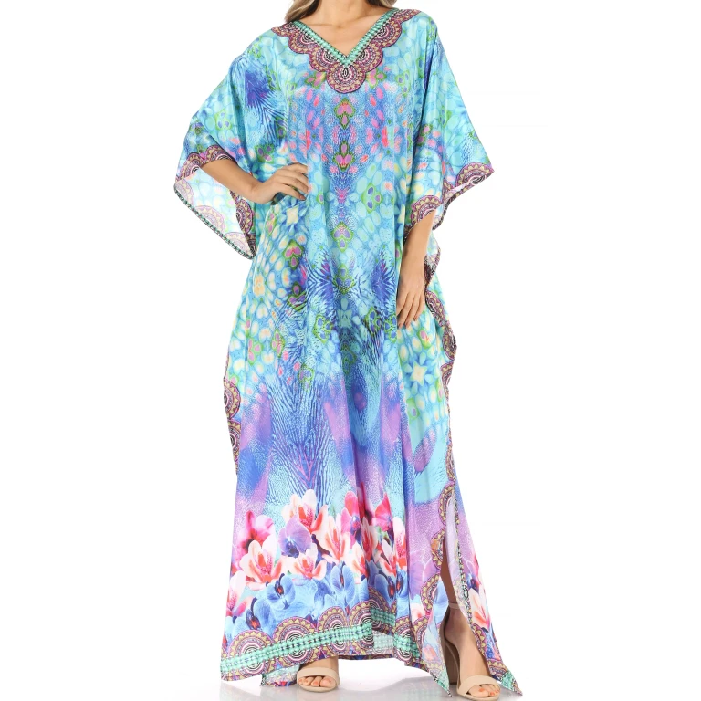 Sakkas Anahi Flowy Design V Neck Long Caftan Dress / Cover Up With Rhinestone