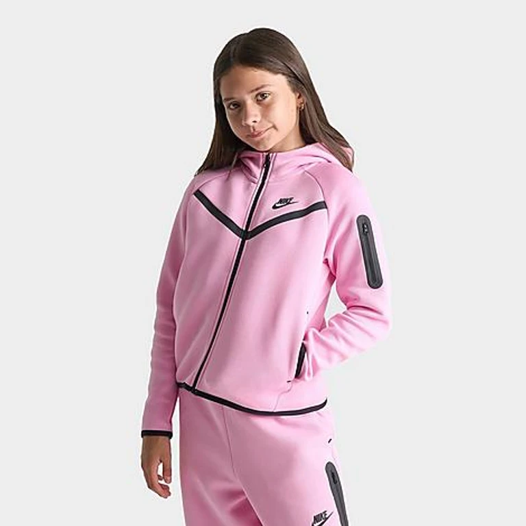 Nike Girls' Big Kids Sportswear Tech Fleece Full-Zip Hoodie in Pink Rise/Black Size: XS