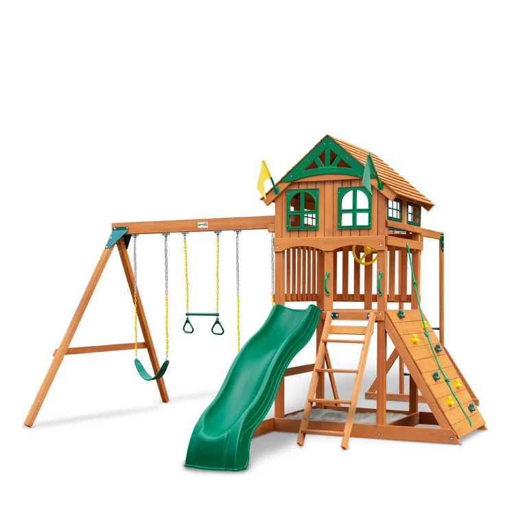 Avalon Wood Swing Set with Wood Roof and Monkey Bars