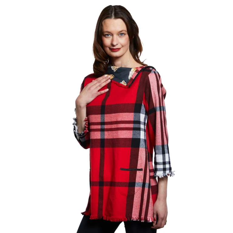 Aspen Cowl Neck Tunic With Fringe And Button Neck In Red Yarndyed Flannel Plaid