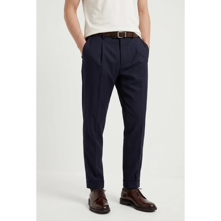 Navy Wool Silk Tapered Trousers