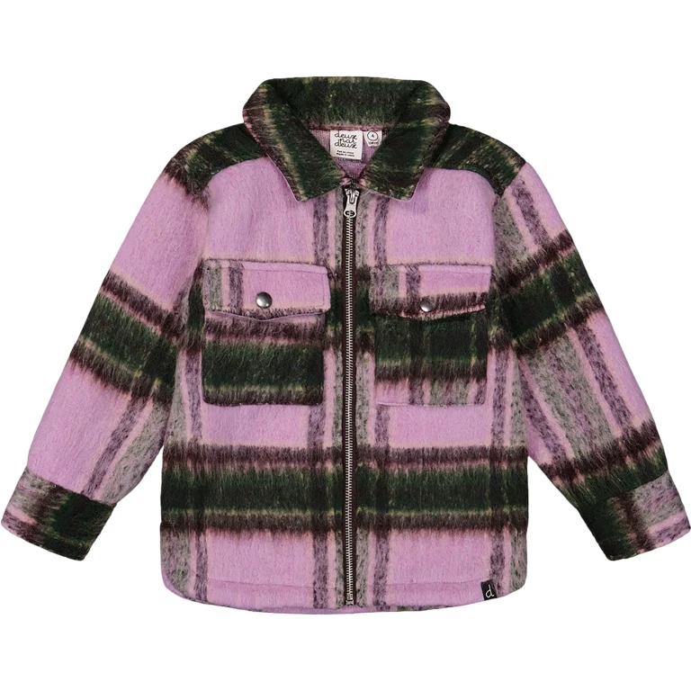 Mauve And Green Zipped Plaid Overshirt - Little Girl