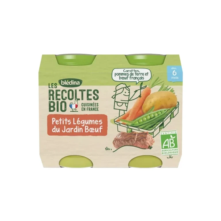 Blédina Organic Harvests From 6 Months - Small Jars of Vegetables/Meat - Small Vegetables from the Garden Beef 2x200g