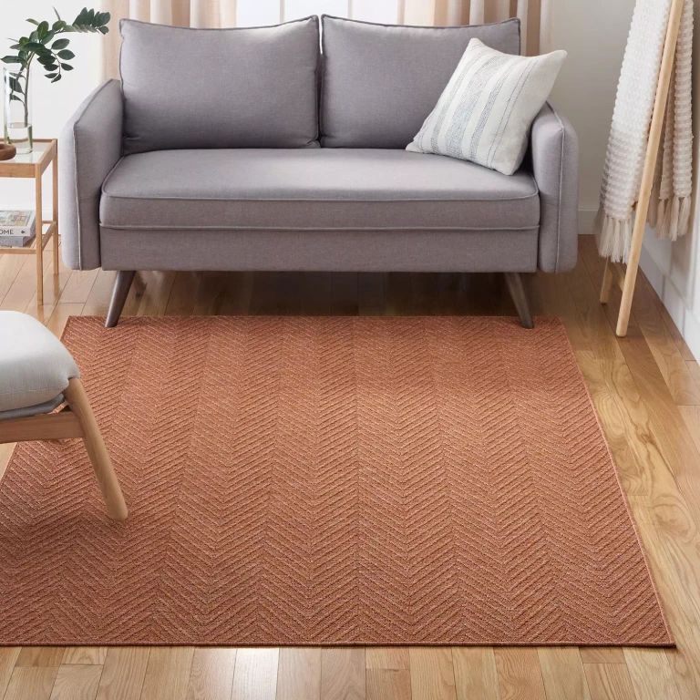 Pax Herringbone Textured Machine Washable Area Rug:- 9'10'x14', Rust, Rectangle
