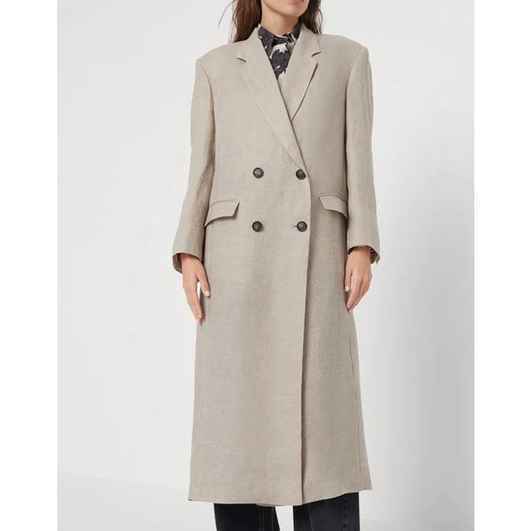 Beige Linen Double-Breasted Overcoat