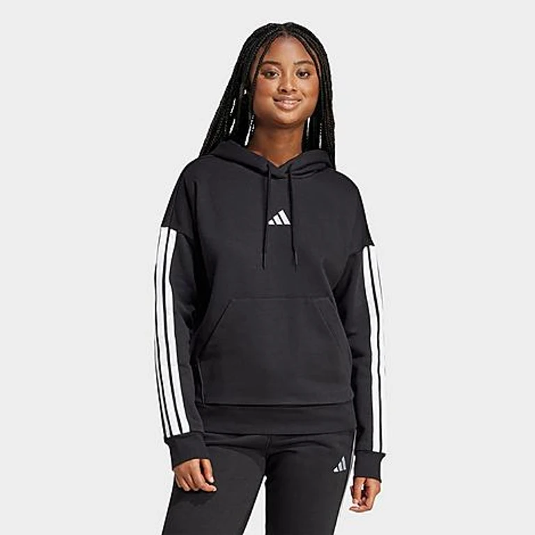 Women's Essentials 3-Stripes Fleece Hoodie in Black/White Size: XXS