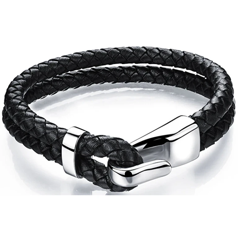 Black Leather Bracelet With Steel Hook Swater