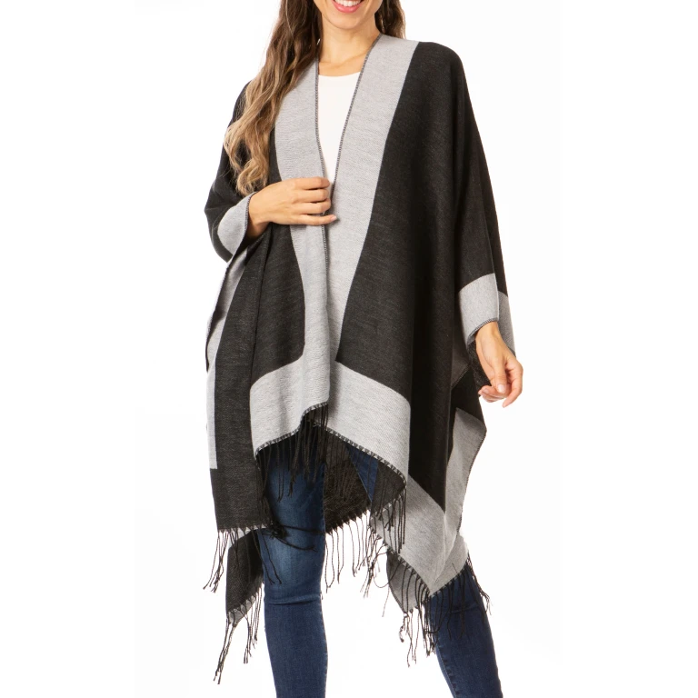 Sakkas Avi Women's Reversible Open Front Poncho Cardigan Ruana Cape Shawl W/Fringe