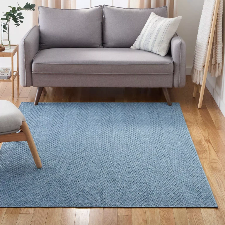 Pax Herringbone Textured Machine Washable Area Rug:- 7'10'x10'2', Blue, Rectangle