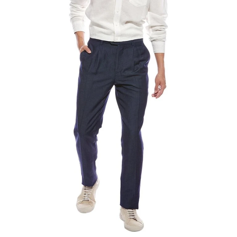 Navy Wool Linen Tailored Trousers