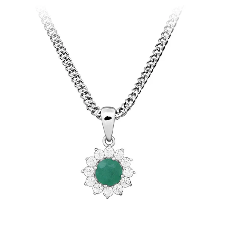Sterling Silver Necklace With Zirconia And Emeralds Sc565 (Chain, Pendant)