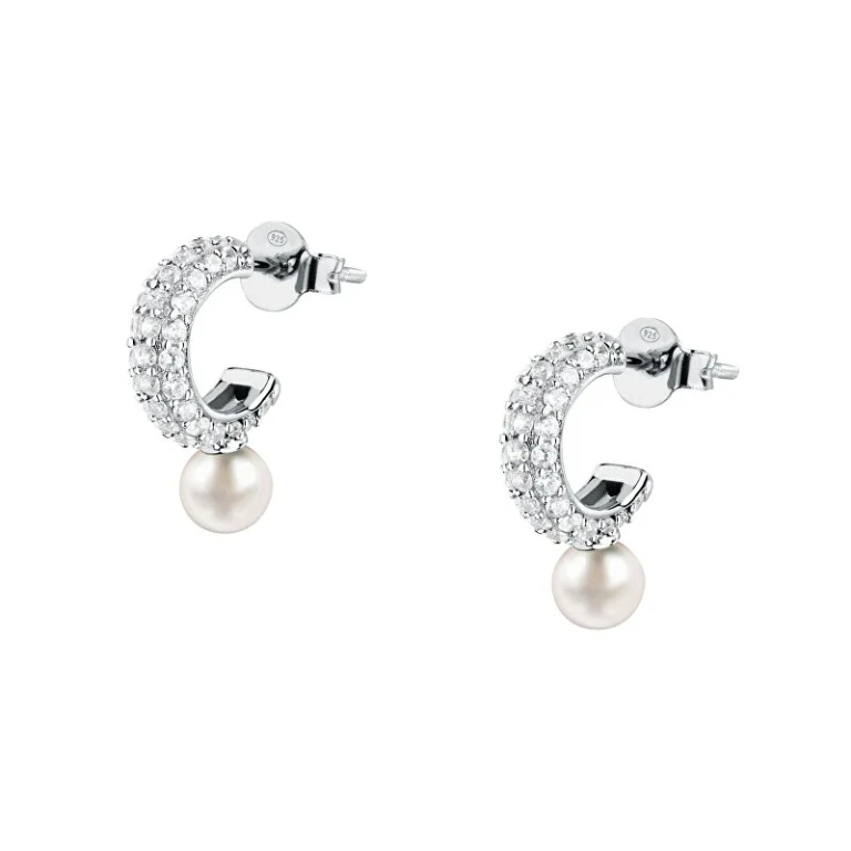 Silver Earrings With Real Pearl And Cubic Zirconia Pearl Sxu52